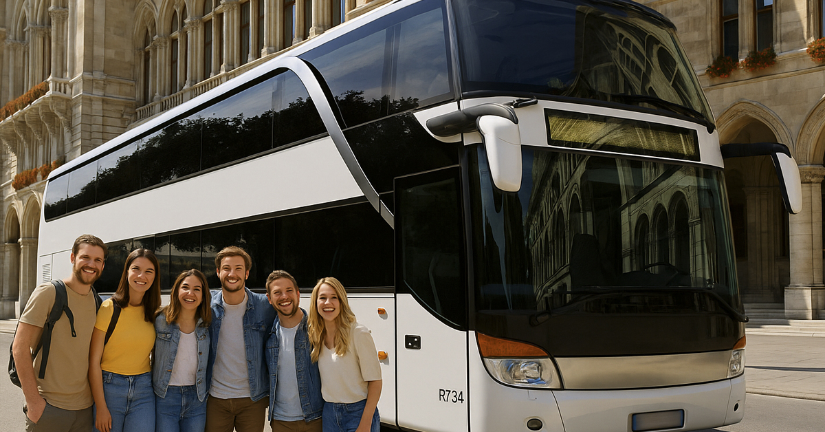 busfahrt-gruppe-touristen-1200×628 Gruppe junger Reisender vor einem modernen Reisebus von Busunternehmen Dortmund – European Bus Service